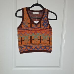 Commense Orange and Blue Patterned Knit Sweater Vest Size Small